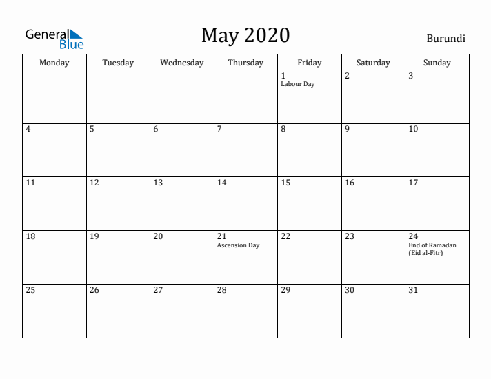 May 2020 Calendar Burundi