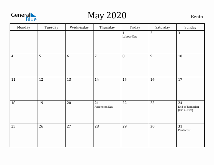 May 2020 Calendar Benin