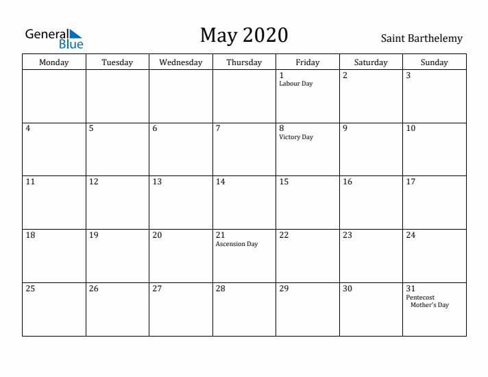 May 2020 Calendar Saint Barthelemy