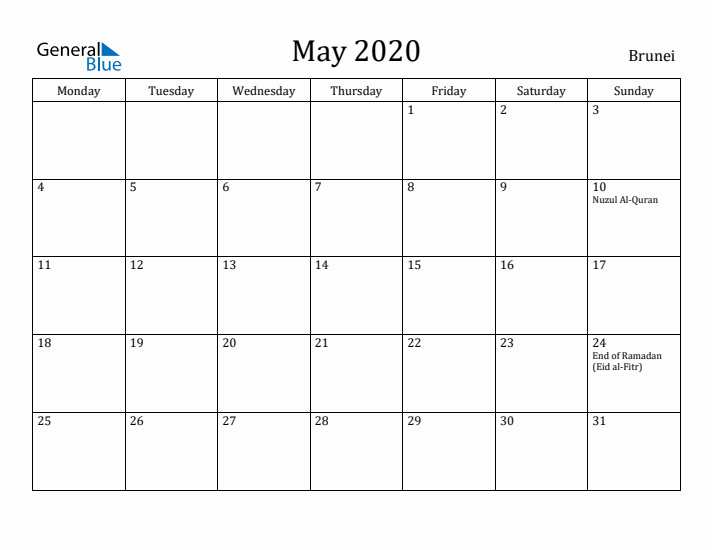 May 2020 Calendar Brunei