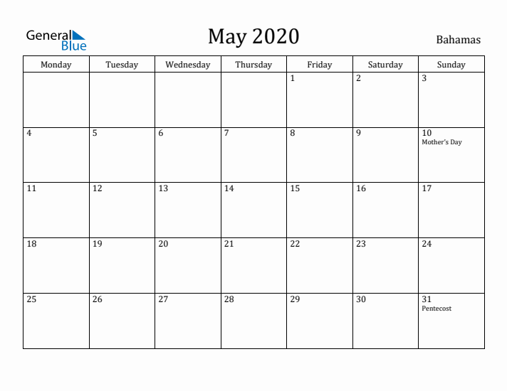May 2020 Calendar Bahamas