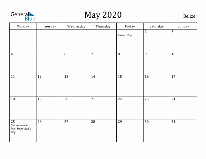 May 2020 Calendar Belize