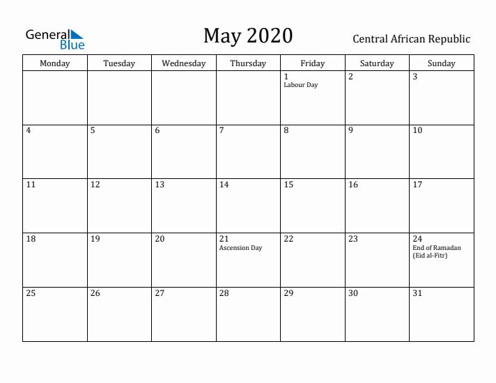 May 2020 Calendar Central African Republic