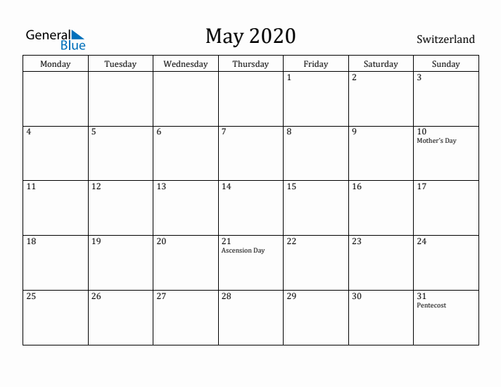 May 2020 Calendar Switzerland
