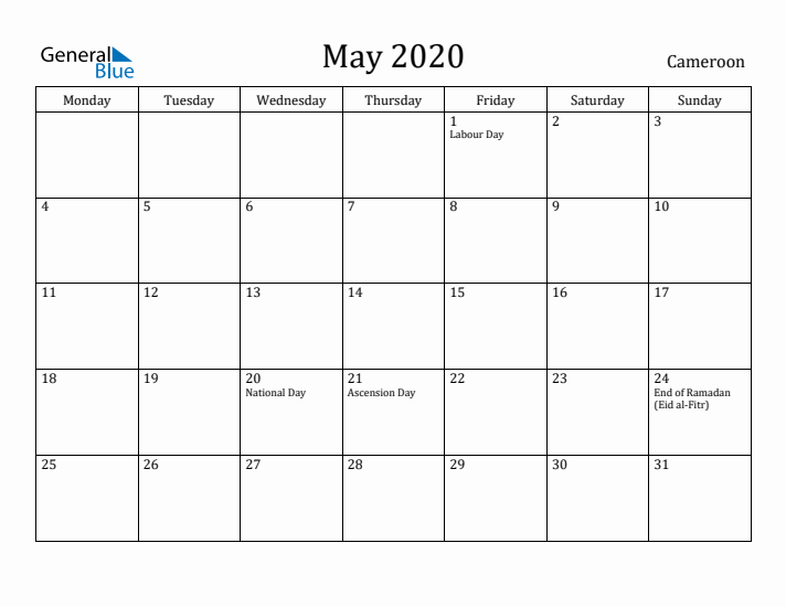 May 2020 Calendar Cameroon