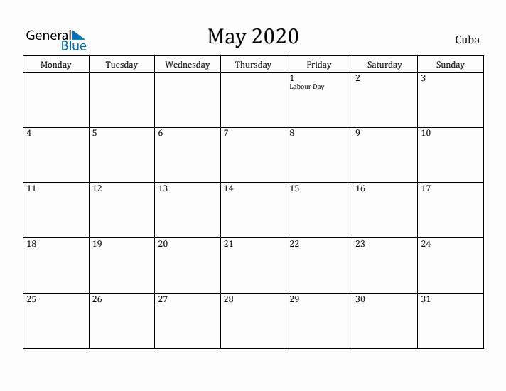May 2020 Calendar Cuba