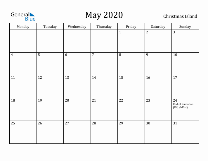 May 2020 Calendar Christmas Island