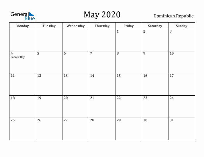 May 2020 Calendar Dominican Republic