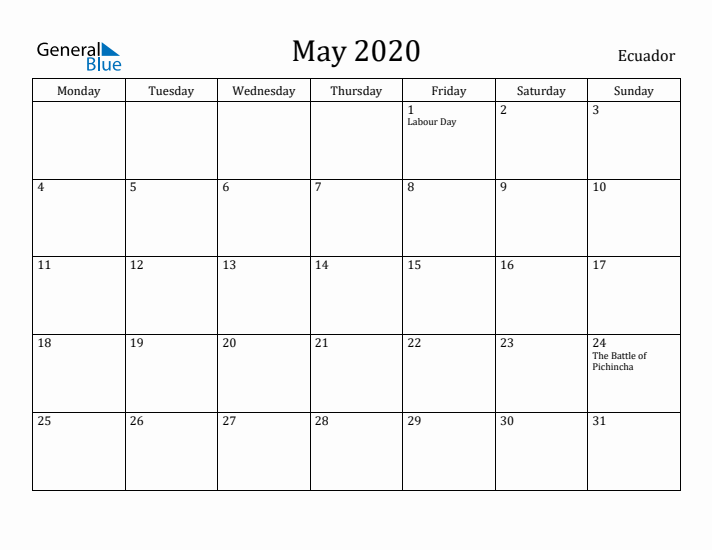 May 2020 Calendar Ecuador