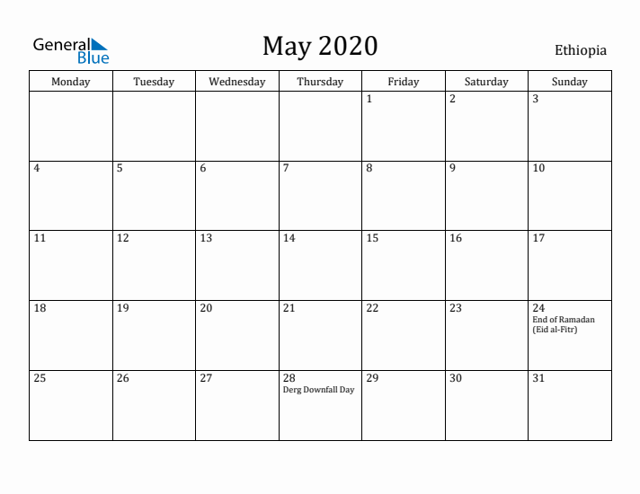 May 2020 Calendar Ethiopia