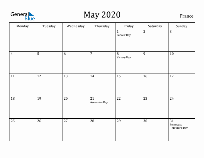 May 2020 Calendar France