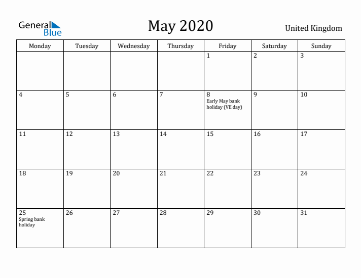 May 2020 Calendar United Kingdom