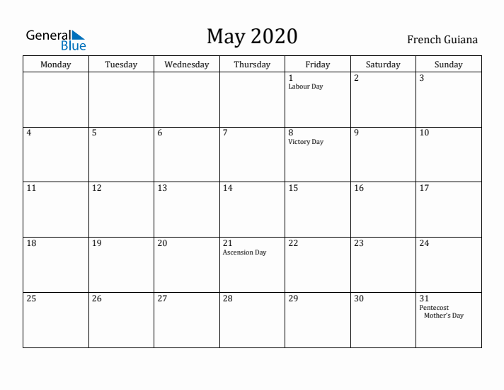 May 2020 Calendar French Guiana