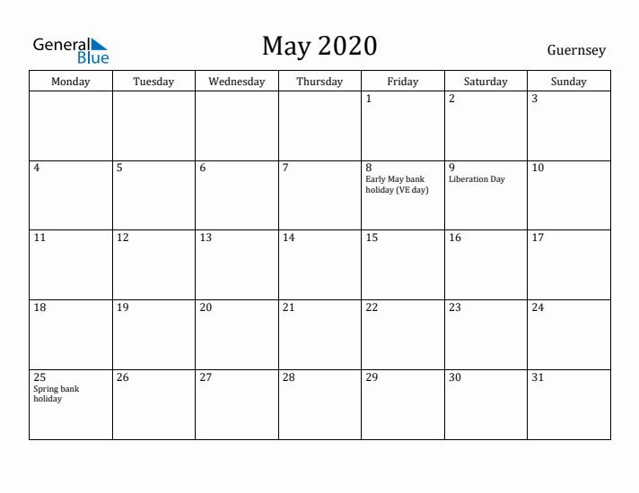 May 2020 Calendar Guernsey