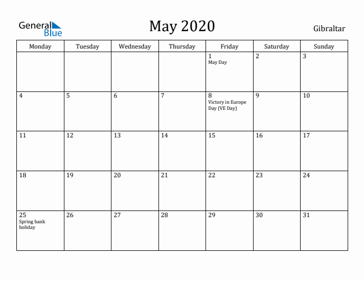 May 2020 Calendar Gibraltar