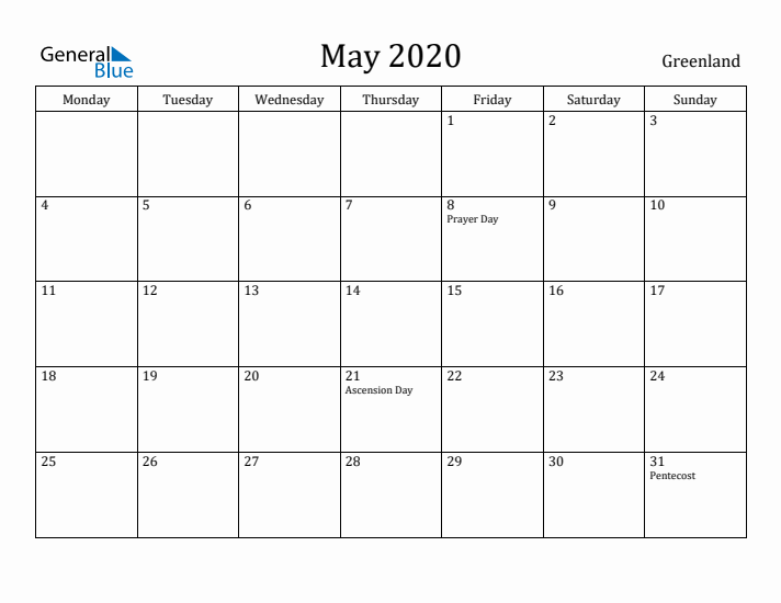 May 2020 Calendar Greenland