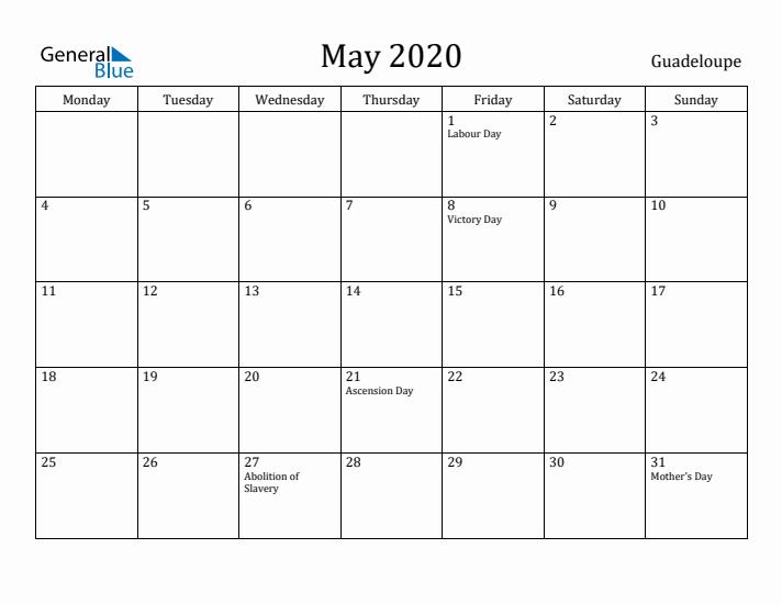 May 2020 Calendar Guadeloupe