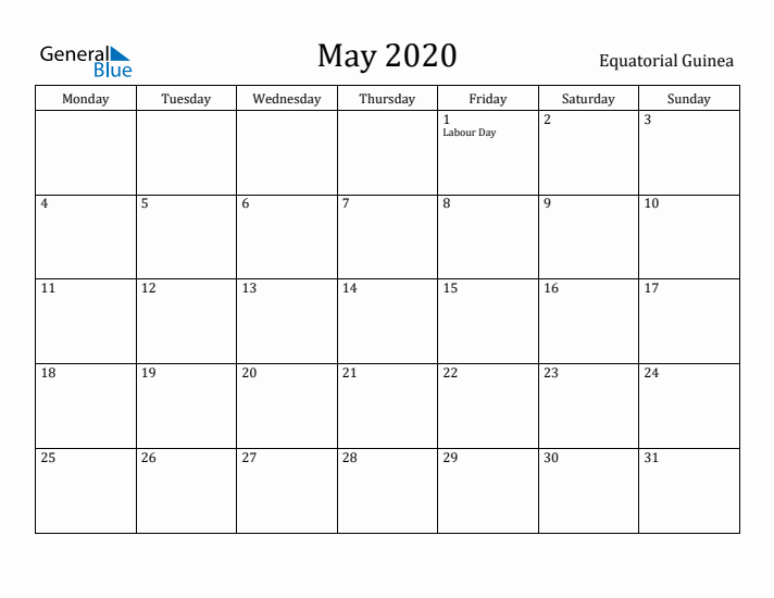 May 2020 Calendar Equatorial Guinea