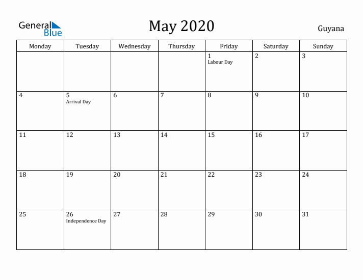 May 2020 Calendar Guyana