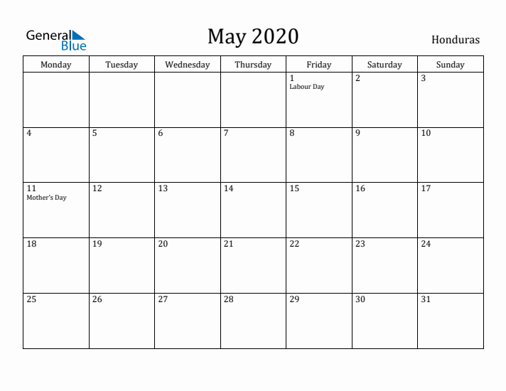 May 2020 Calendar Honduras
