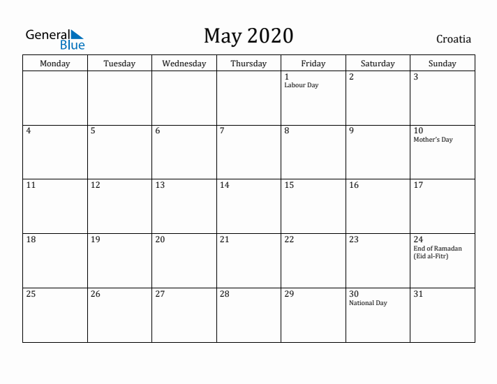 May 2020 Calendar Croatia