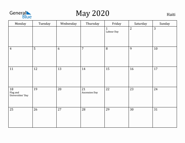 May 2020 Calendar Haiti