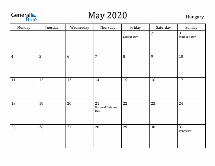 May 2020 Calendar Hungary