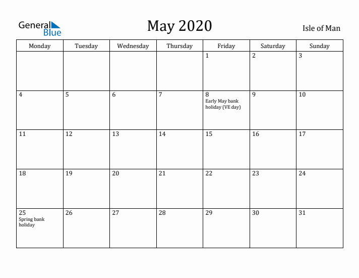 May 2020 Calendar Isle of Man