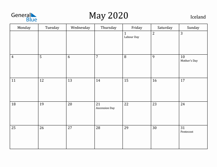 May 2020 Calendar Iceland