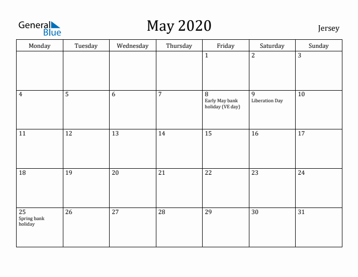 May 2020 Calendar Jersey