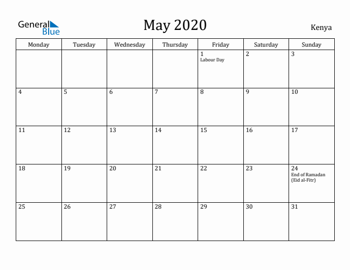 May 2020 Calendar Kenya