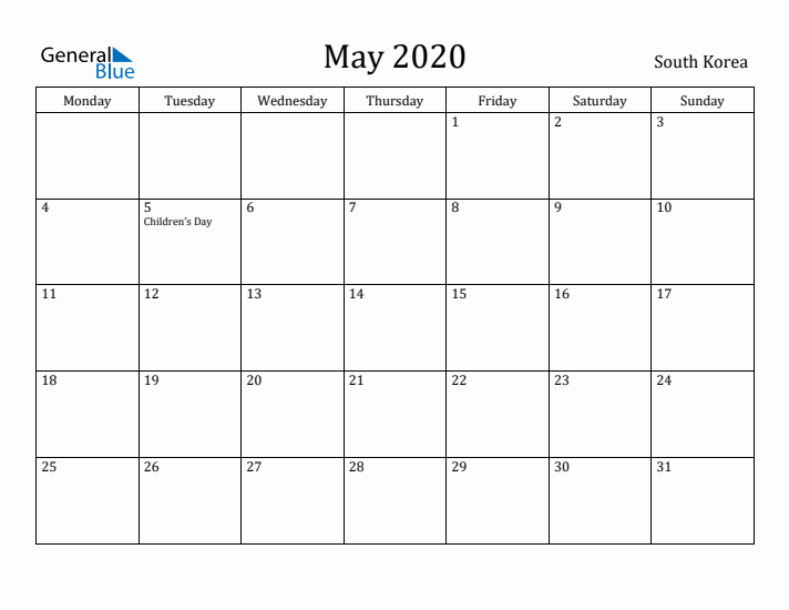 May 2020 Calendar South Korea