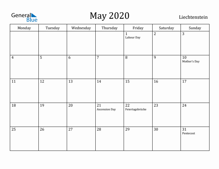 May 2020 Calendar Liechtenstein