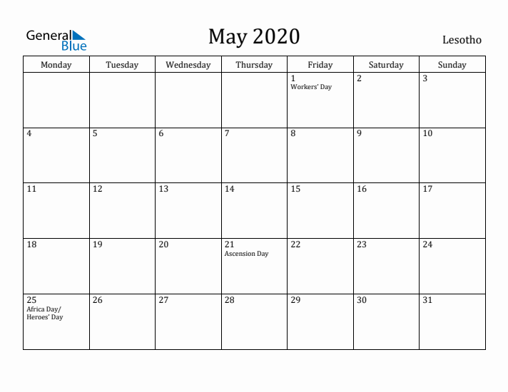 May 2020 Calendar Lesotho