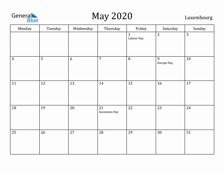May 2020 Calendar Luxembourg
