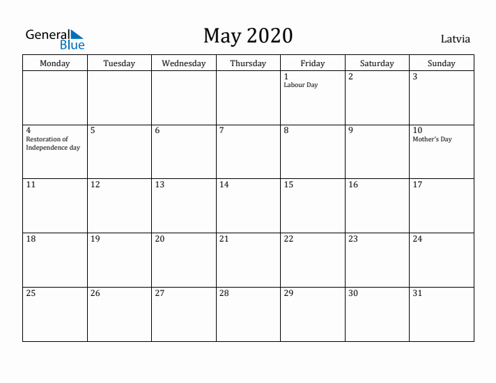 May 2020 Calendar Latvia