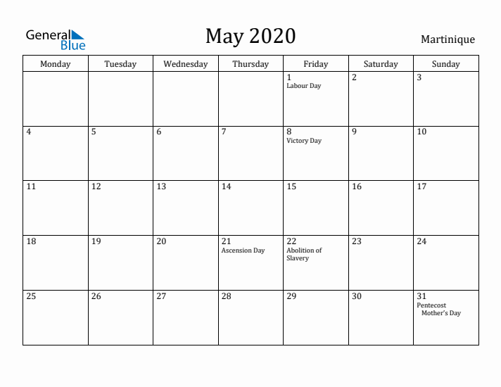 May 2020 Calendar Martinique