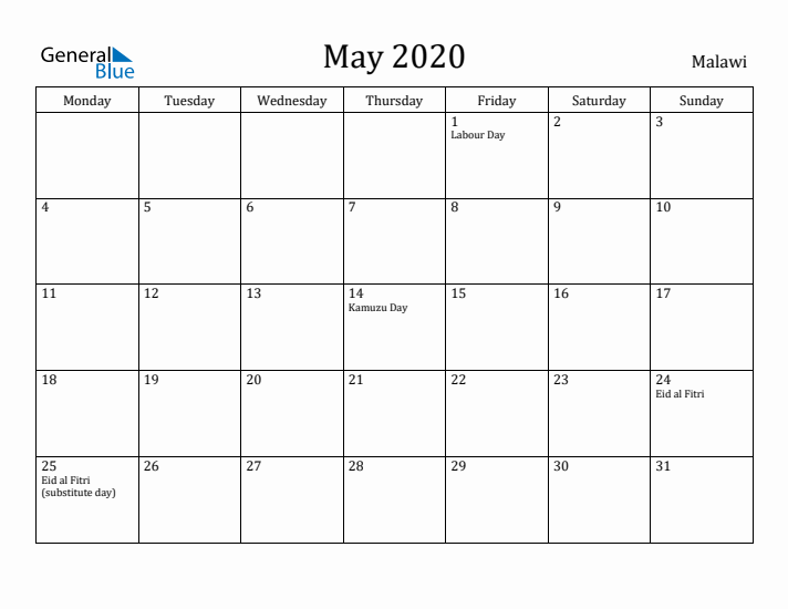 May 2020 Calendar Malawi