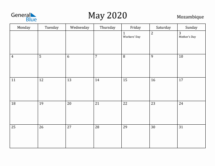 May 2020 Calendar Mozambique