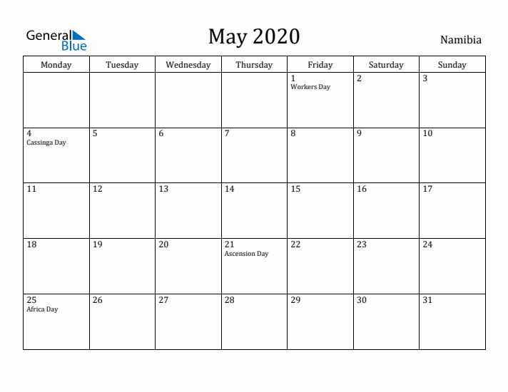 May 2020 Calendar Namibia
