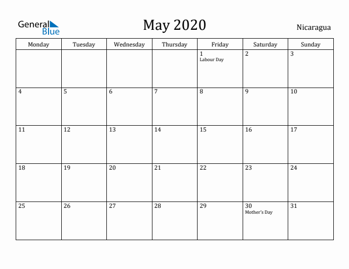 May 2020 Calendar Nicaragua