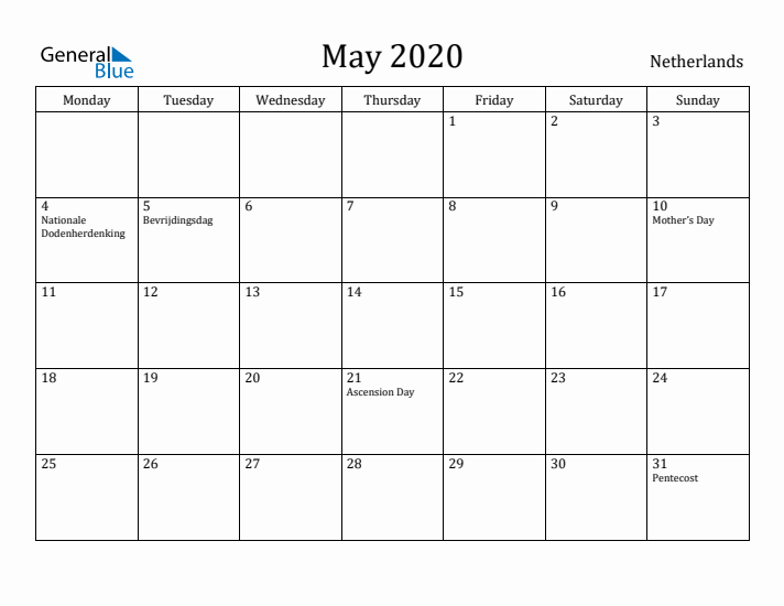 May 2020 Calendar The Netherlands