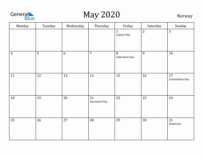 May 2020 Calendar Norway