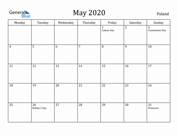 May 2020 Calendar Poland
