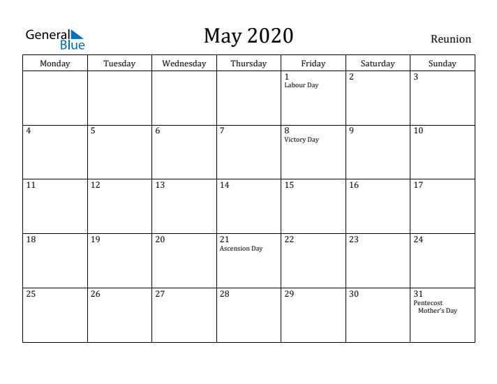May 2020 Calendar Reunion