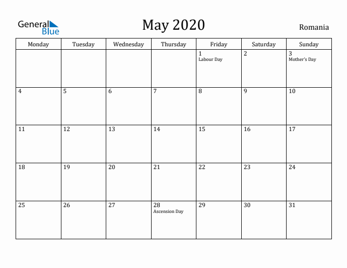 May 2020 Calendar Romania