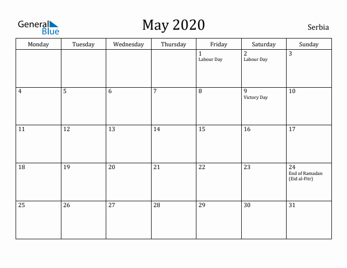 May 2020 Calendar Serbia