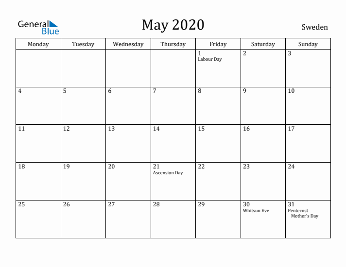 May 2020 Calendar Sweden