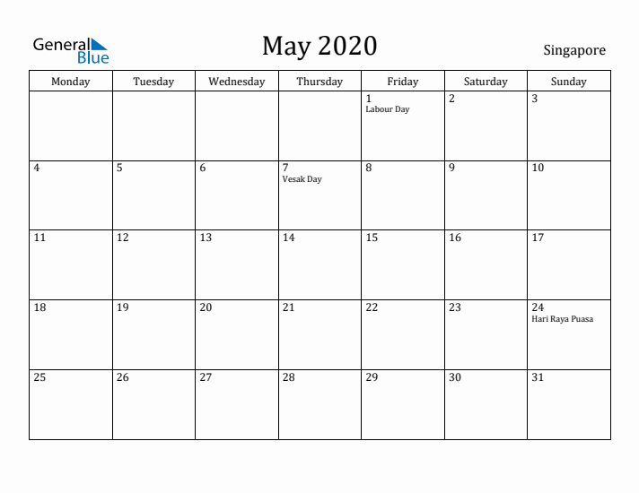 May 2020 Calendar Singapore