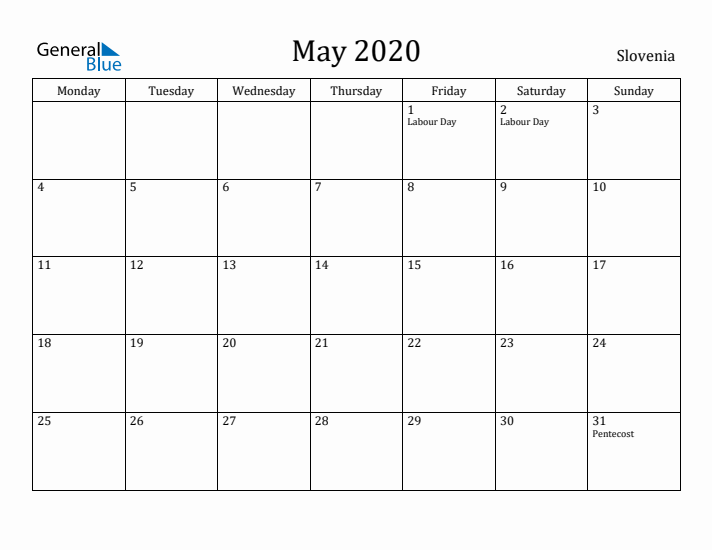 May 2020 Calendar Slovenia